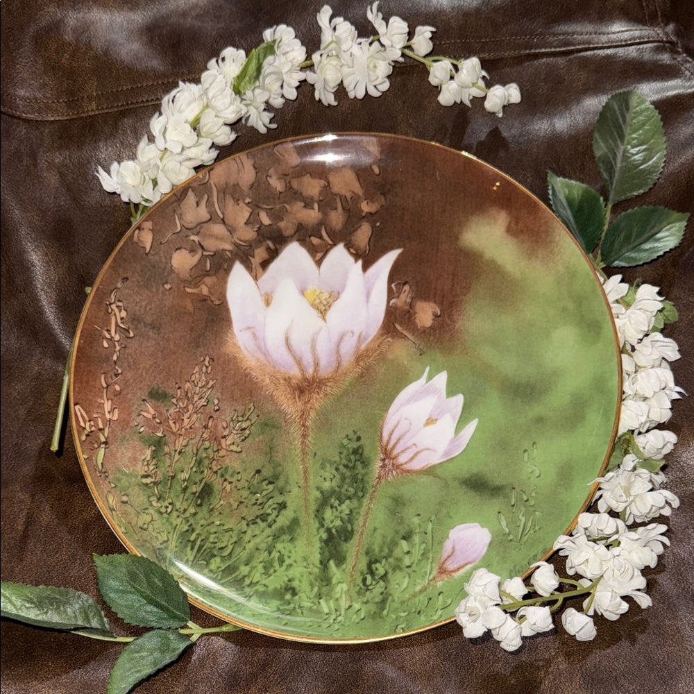 Floral Art Plate with White and Brown Design Collectable - Picture 1 of 4